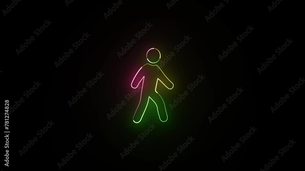 Poster glowing walking sign animation. loop animation of icon going, man walk sign. man walk animation on b