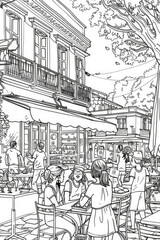 Coloring page of detailed black and white drawing of several individuals seated at different tables, engaged in conversation and activities