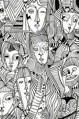 Coloring page of Black and white drawing depicting a diverse group of individuals standing close to each other