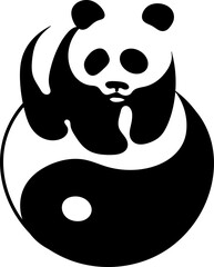 Panda Bear standing inside on the top of a Yin and Yang Symbol, vector black drawing  tattoo design wall art background representing delicate balance between strength, peace, gentleness and wisdom,