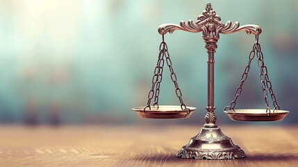Ethical decisions in healthcare, scales of justice, side text space Antique ornate balance scale with empty pans, standing on a wooden surface, measurement, and balance. - obrazy, fototapety, plakaty