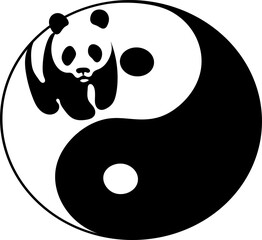 Small Panda standing inside on the top of a Yin and Yang Symbol, vector black drawing  tattoo design wall art background representing delicate balance between strength, peace, gentleness and wisdom, - obrazy, fototapety, plakaty
