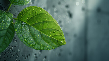 A close-up of a leaf with water droplets.