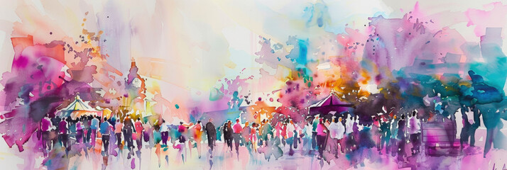 A vibrant watercolor artwork captures the essence of a busy street fair in the twilight hours with colorful silhouettes of people - obrazy, fototapety, plakaty