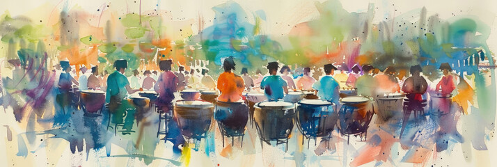 Watercolor painting depicting a lively group of individuals engaged in drumming, showcasing their rhythmic movements and unity in music-making