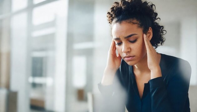 30 year old black woman with curly hair holding their head in their hands with a concerned expression, in a bright indoor business environment