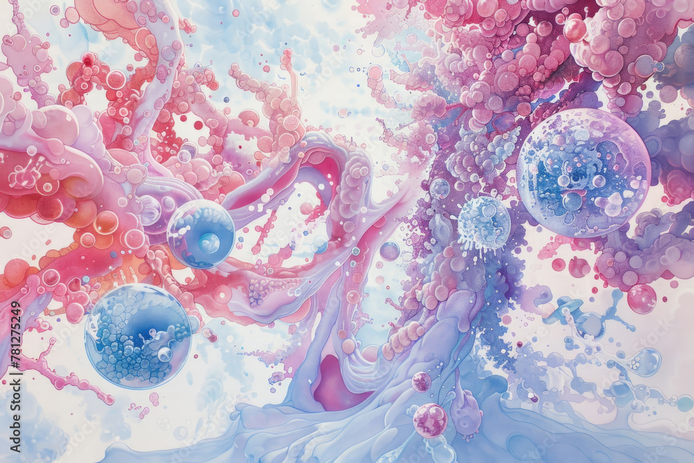 Poster A unique abstract painting showcasing various shades of blue and pink bubbles layered on a canvas, creating a mesmerizing composition