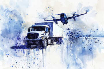 A vibrant watercolor artwork blending a transport truck and an airplane against a splashy blue background - obrazy, fototapety, plakaty
