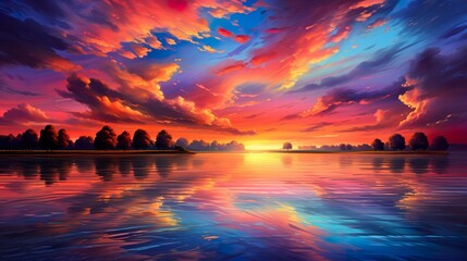 Striking digital art of a lake during sunset with the sky ablaze with dynamic cloud patterns