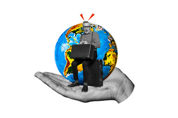 Composite 3d photo collage of grandfather pensioner sit suitcase luggage travel adventure shock globe hand isolated on painted background - obrazy, fototapety, plakaty
