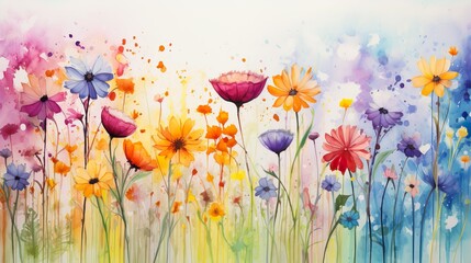 A lively ensemble of colorful wildflowers set against a vivid watercolor backdrop symbolizing life and celebration