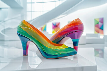 A Pair of Vividly Colored High Heels in a White Space Reminiscent of an Art Gallery, Bringing Energy to the Space with Its Color