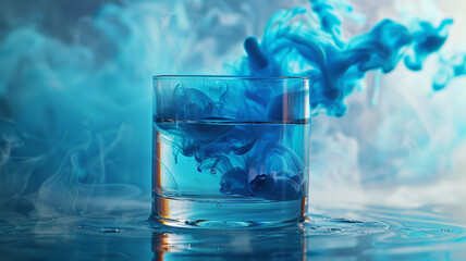 A glass with blue liquid and ink mixing.