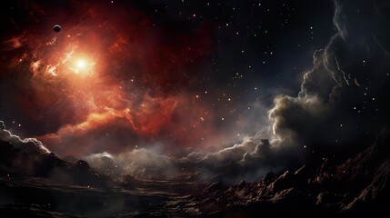 A dramatic scene unfolds as vibrant cosmic clouds entwine with rugged mountains, depicting the...