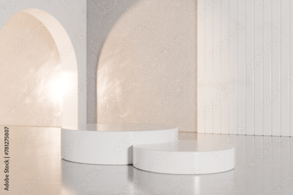 Poster 3d rendering image of round podiums for product presentation in studio