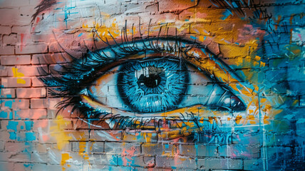 A colorful graffiti of an eye on a brick wall.