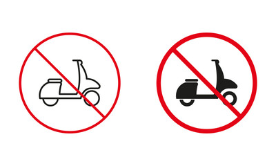 Prohibited Moped Road Prohibit Sign. No Delivery Zone Symbol Set. Not Allowed Fast Motorcycle, Scooter, Motor Bike Line and Silhouette Icons. Isolated Vector Illustration