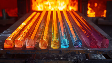 Photo of colorful glass rods in a furnace.