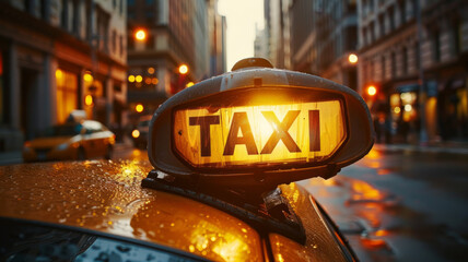 Close-up of a taxi sign on a vehicle at dusk