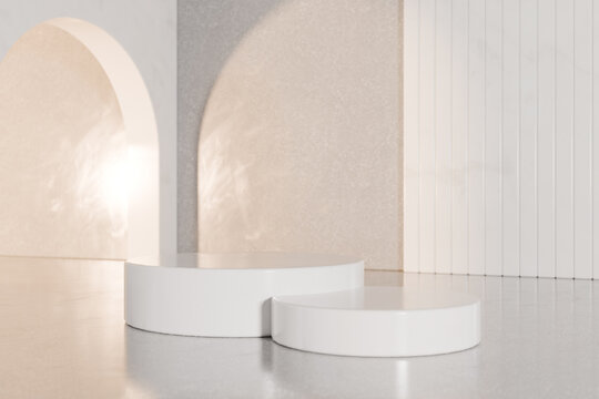 3D rendering image of round podiums for product presentation in studio