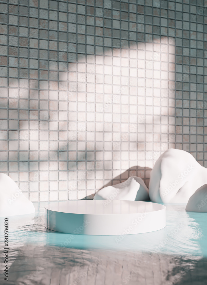 Poster 3d rendering image of round podium on water surface near rocks in studio