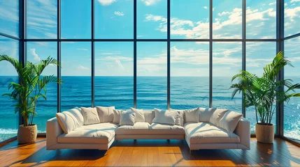 Foto op Aluminium Serene Seaside Living Room with Panoramic Ocean Views, Embodying a Modern and Luxurious Coastal Design Aesthetic © Jahid