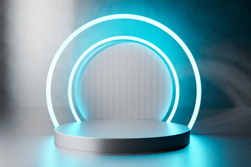 3D rendering image of round pedestal near neon lit arch frame