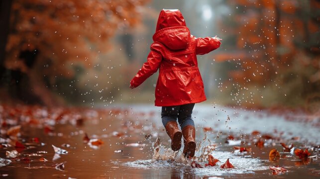 Happy child in red raincoat jumping into a puddle of water on a rainy day