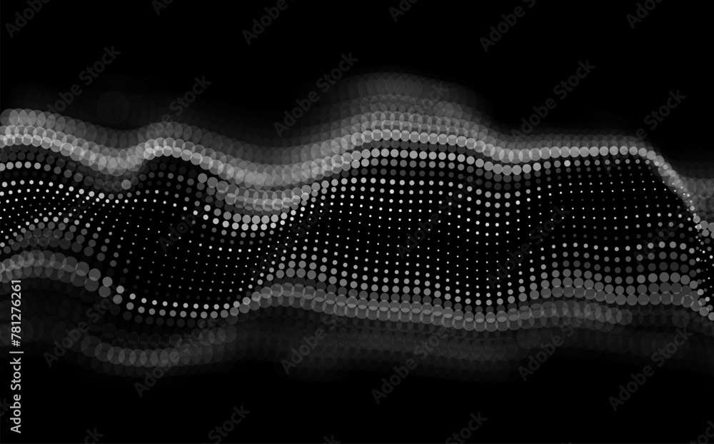 Poster Wireframe Landscape Wire with Depth of Field Effect. 3D Topographic map background concept. Geography concept. Wavy backdrop. Space surface HUD Design Element.