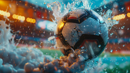 A soccer ball splashing water in motion.