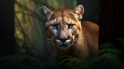 The third image presents a realistic and intense portrait of a mountain lion, set against a mysterious forest backdrop, highlighting its piercing gaze