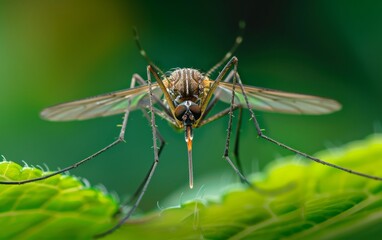 A close frontal view of a green mosquito, showcasing its compound eyes and proboscis with a vivid green leafy backdrop.