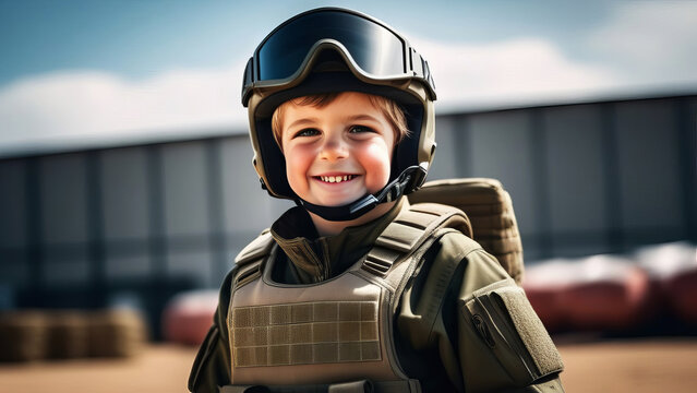 Portrait of happy Caucasian boy in a military camouflage. Little patriot. Army thee kid. Military and rescue operation concept.