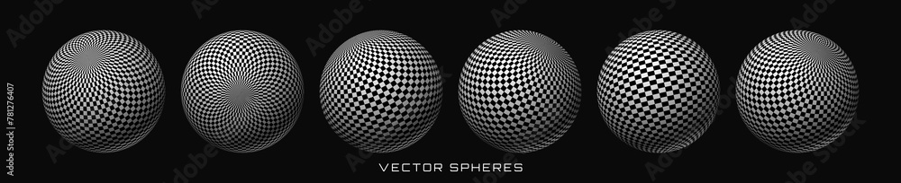 Poster abstract graphic design 3d spheres with checkered texture. chess balls. trendy y2k geometric shapes 