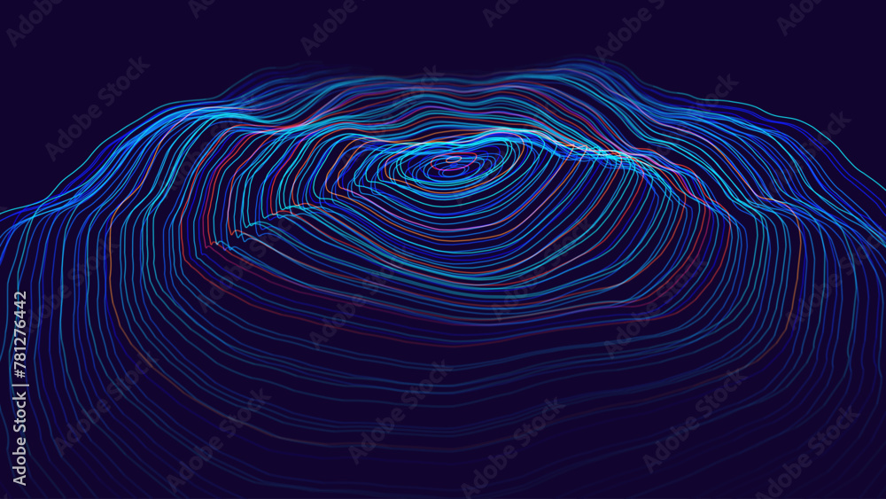 Poster Digital Wave Particles Grid Big Data Background. Spreadint Sound Waves Circles. Streaming Data. Futuristic Circular Sound Wave. Big Data Visualization. 3D Virtual Space VR Cyberspace. Vector.