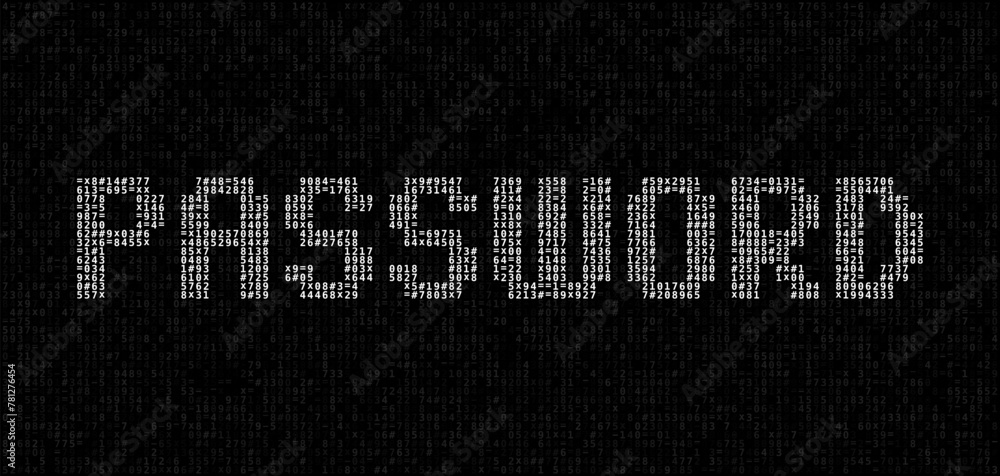 Leinwandbilder ASCII Art PASSWORD Word Made from Random Letters and Numbers. Dark Binary Code. Concept of Password Protected Digital Data. Hacker Attack Database Leak Information. Cyber Security Vector.