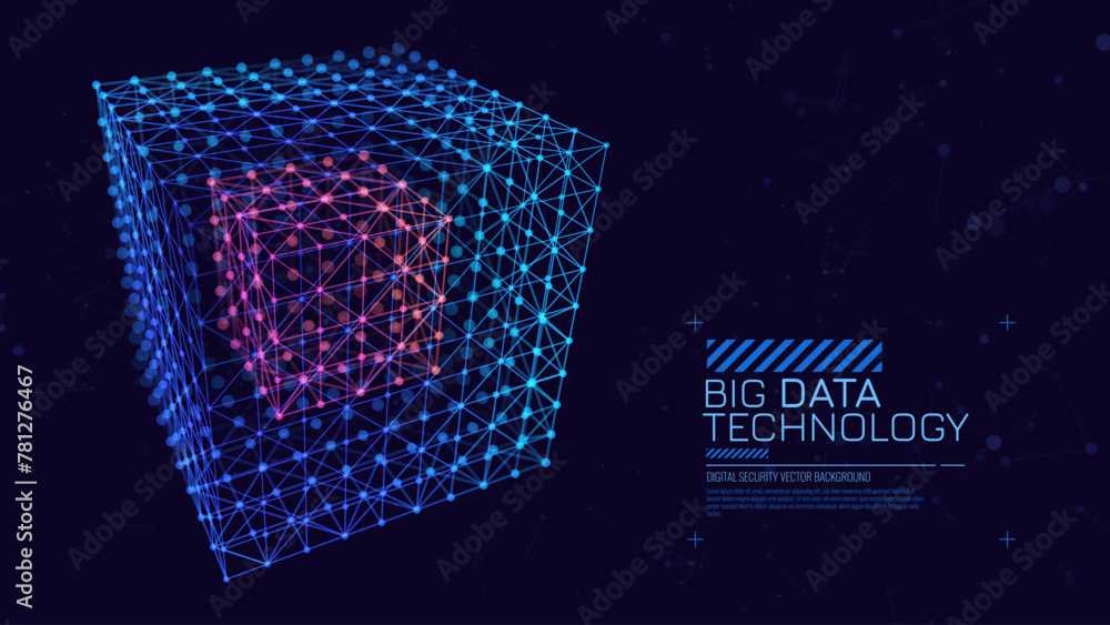 Fototapete Big Data 3D Cube. Quantum Computer CPU Core Virus Concept Background. Red Cube Inside Blue Block. 3D Blockchain Cube Blocks Concept. Data Sorting. Artificial Intelligence HUD Design Element.