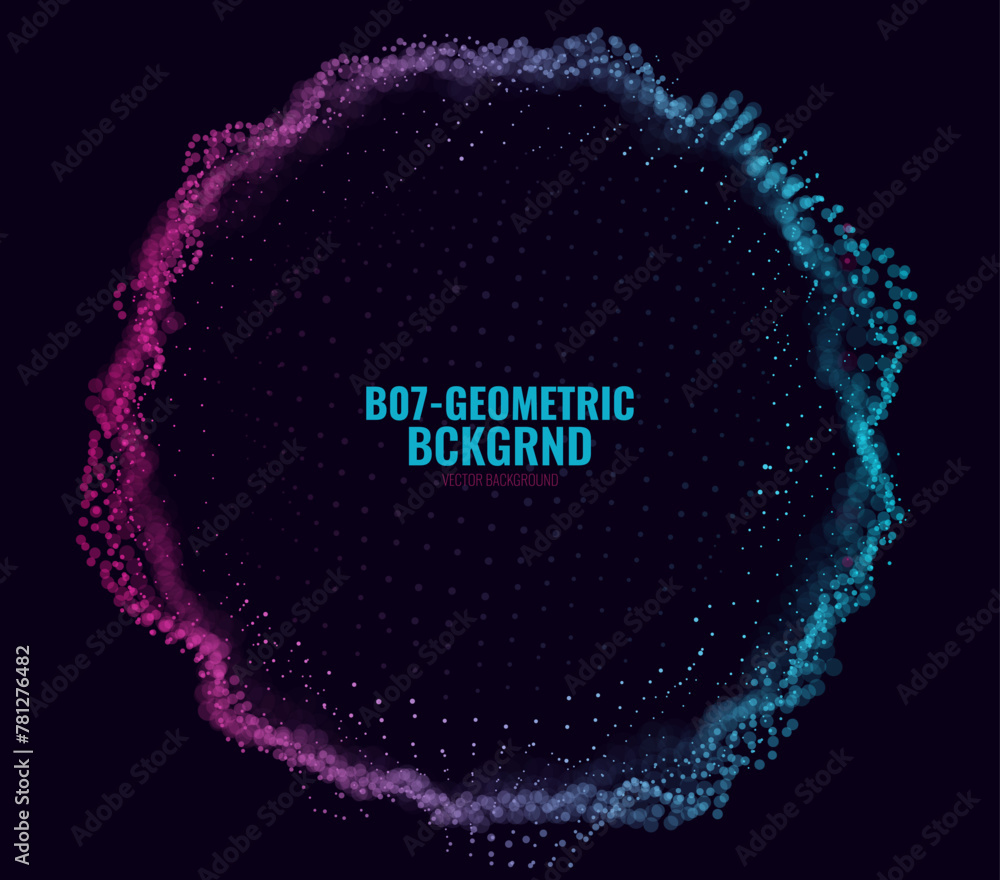 Poster Abstract Deformed 3D Sphere. Bright Glowing Radial or Circular Digital Equalizer. 3D Illuminated Distorted Sphere of Glowing Particles and Lines. Visualization of Voice, Music Playback. EPS10 Vector