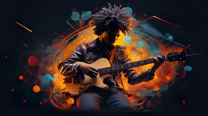 A graphic representation of a musician engrossed in playing guitar with a colorful, energetic...