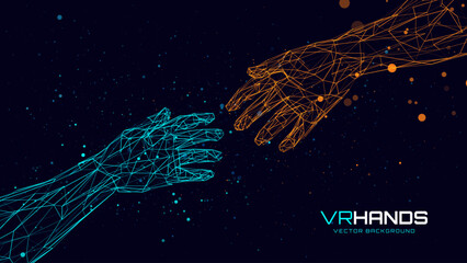 Creation AI Concept - Hands Reaching Towards Each Other. Concept of Human Relation, Partnership. Polygonal Mesh Wireframe Hands in Virtual Reality. 3D Low Poly Hands. Vector Illustration.