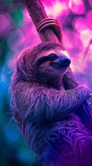 Fototapeta premium This sloth, captured against a vibrant backdrop of purple and blue hues, clings to a branch in its natural habitat.