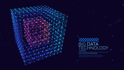 Big Data 3D Cube. Quantum Computer CPU Core Virus Concept Background. Red Cube Inside Blue Block. 3D Blockchain Cube Blocks Concept. Data Sorting. Artificial Intelligence HUD Design Element. © ec0de