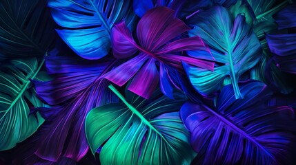 This image depicts a close up of tropical leaves with a vivid blue and purple color scheme...