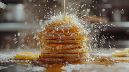 Stack of pancakes with syrup being poured and sugar dusted on top. - obrazy, fototapety, plakaty