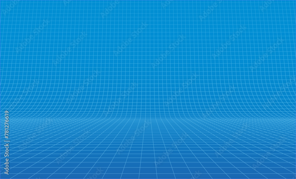 Poster Blue Glowing Grid of Curved 3D Stage. Perspective Grid. Wide Blueprint Texture. VR Virtual Reality Cyberspace Background. Vector Illustration.