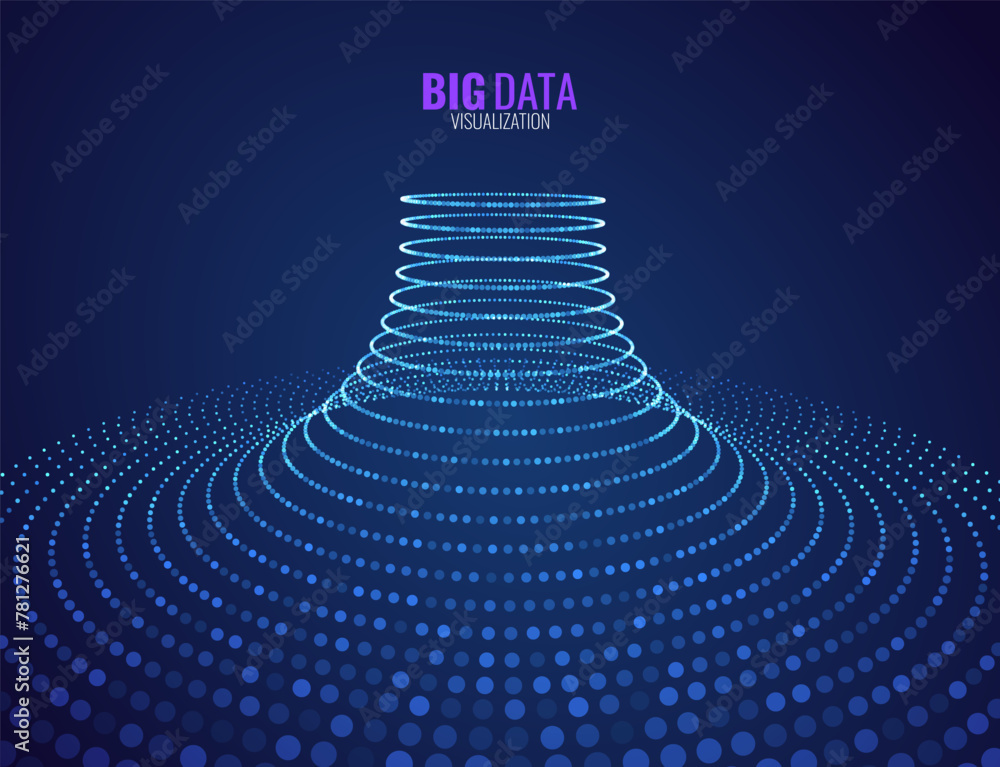 Poster Big Data Visualization. Circular Particles Dots Vortex Abstract Galaxy. Futuristic Science or Finance Infographic Design. Complex Visual Data Background. Abstract Data Flowing. Vector Illustration.