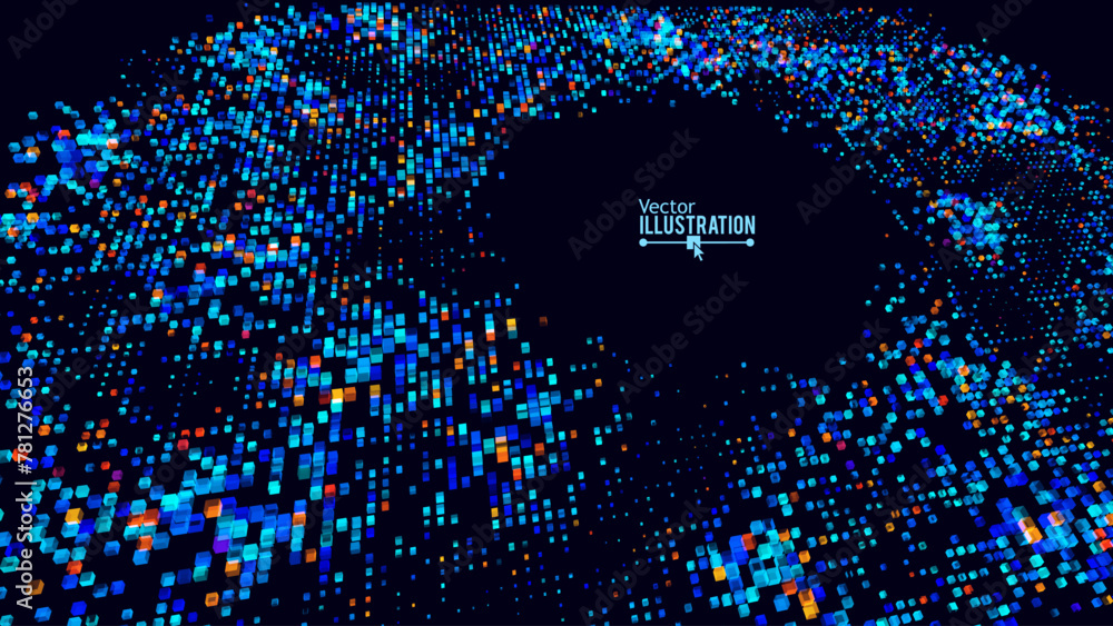 Leinwandbilder 3d digital cubes hitech background. 3d halftone pixel effect round frame. vector illustration for te