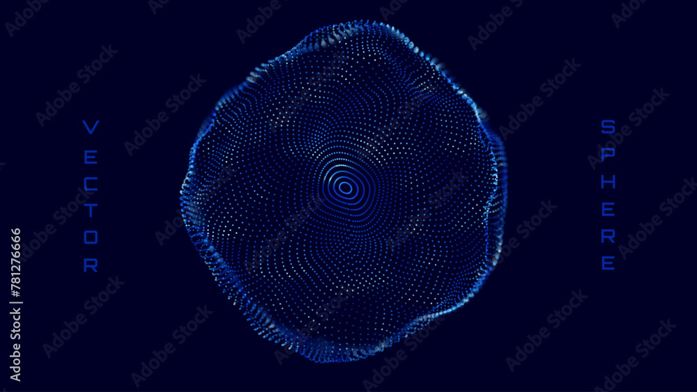 Poster Abstract Colorful Particles Sphere. Vivid Blue Dots Background. Futuristic Style HUD Element. Technology Background for Business Presentations. Corrupted Point Sphere Array. Vector Illustration.