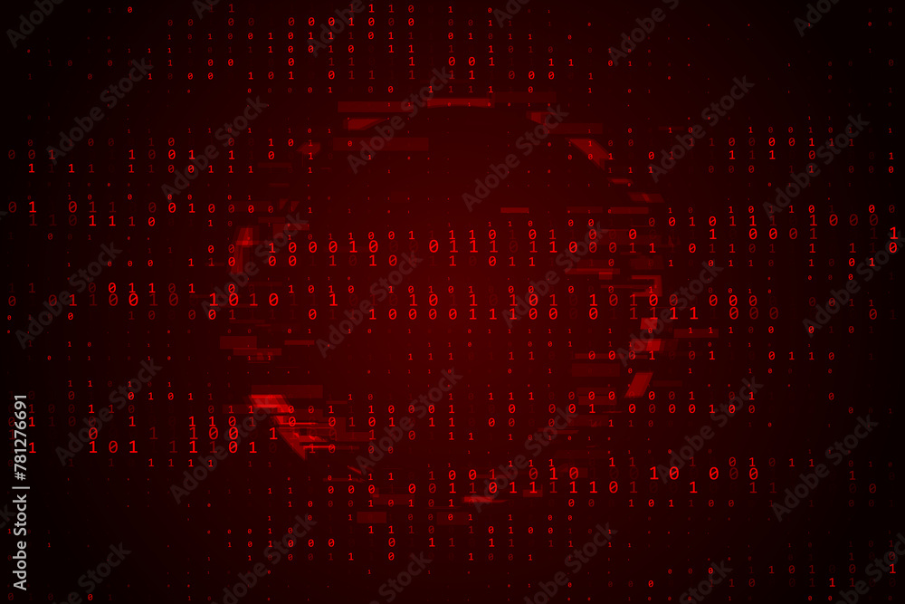 Fototapete Glitched Binary Numbers Symbols Backdrop. Red Binary Glitch Screen Background. Computer Hacked Error Concept. Vector Illustration.