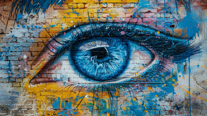 A graffiti of a blue eye on a brick wall.